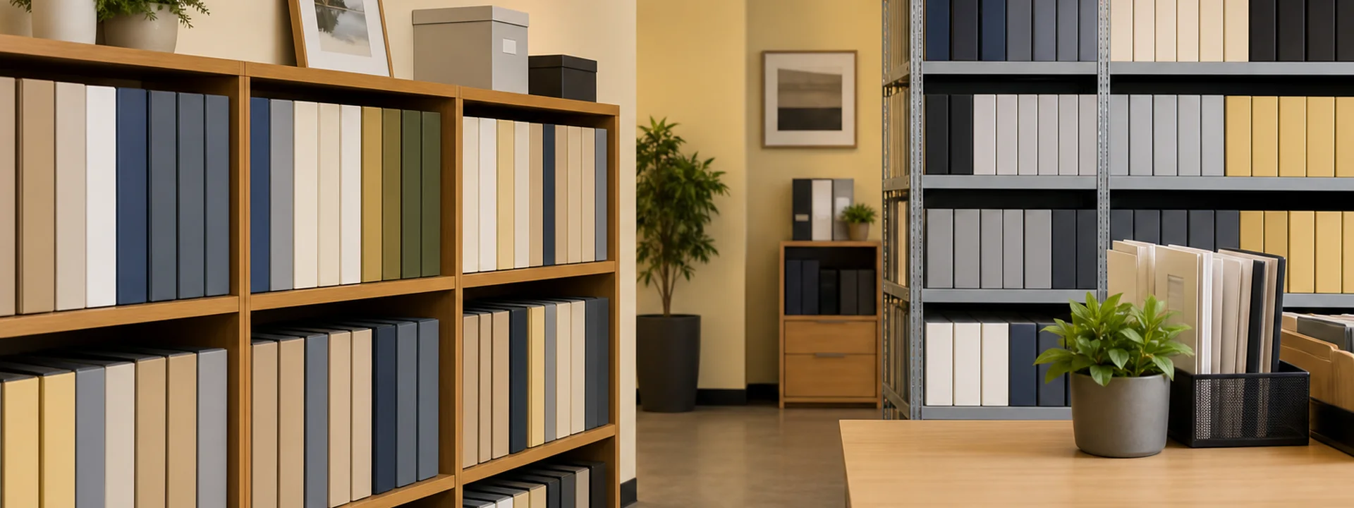 Regał z segregatorami materiałów warsztatu komunikacji ubezpieczeniowej przy stonowanym oświetleniu, tło sekcji Materiały, format 1920×720 px